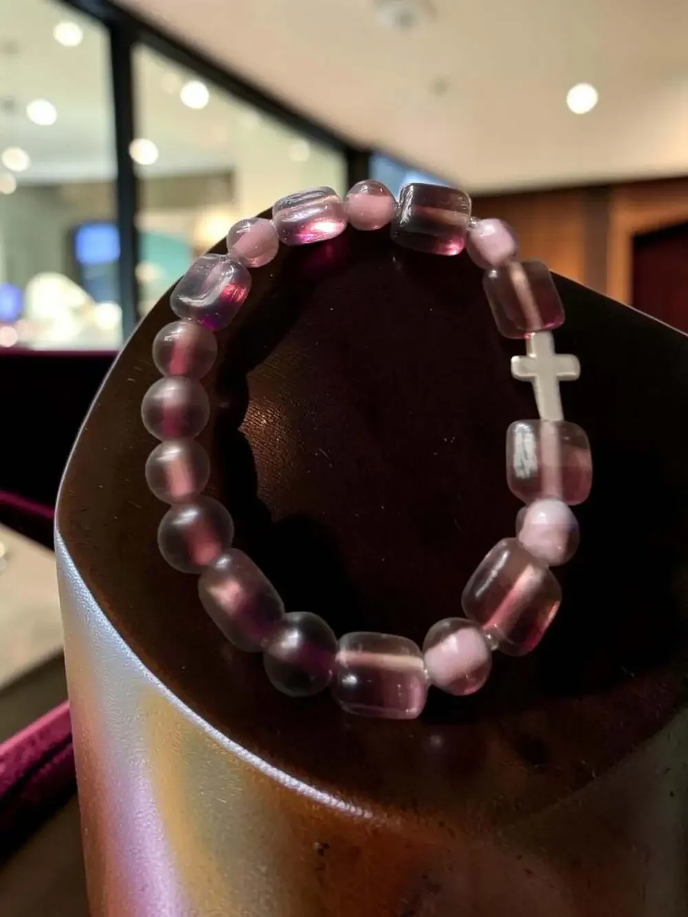 Purple Fluorite and Pink Bead Stretch Bracelet with Cross Charm